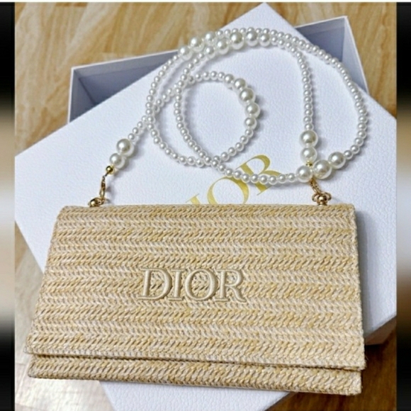 Dior Handbags - Dior Beauty Beige Straw Crossbody Bag with Pearl Strap NIB!